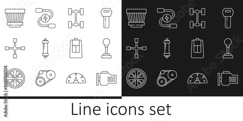Set line Check engine, Gear shifter, Chassis car, Shock absorber, Wheel wrench, Car air filter, key with remote and battery jumper power cable icon. Vector