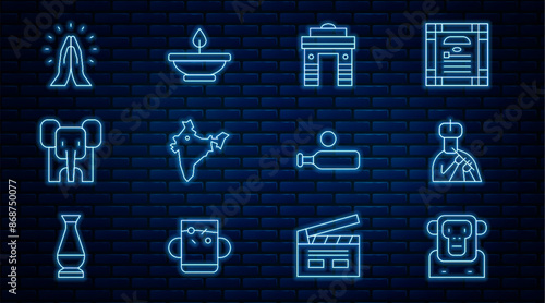 Set line Monkey, Indian man plays flute, Gate in Delhi, map, Elephant, Hands praying position, Wood cricket bat ball and Aroma lamp icon. Vector