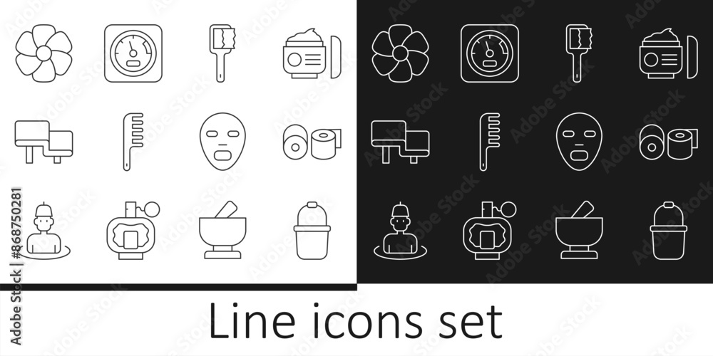 Set line Sauna bucket, Toilet paper roll, brush, Hairbrush, wood bench, Flower, Facial cosmetic mask and thermometer icon. Vector Set line Sauna bucket, Toilet paper roll, brush, Hairbrush, wood bench, Flower, Facial cosmetic mask and thermometer icon. Vector