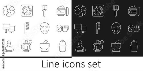 Set line Sauna bucket, Toilet paper roll, brush, Hairbrush, wood bench, Flower, Facial cosmetic mask and thermometer icon. Vector