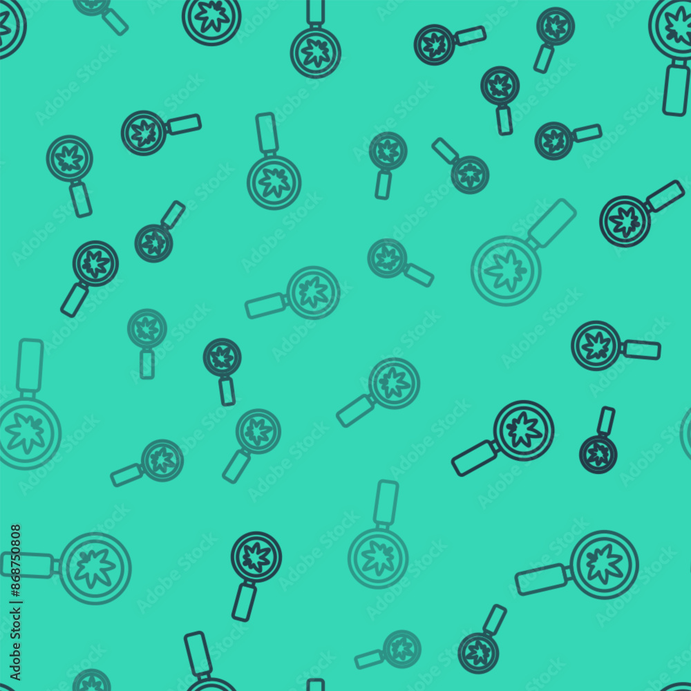 Φωτογραφία Black line Magnifying glass and medical marijuana or cannabis leaf icon isolated seamless pattern on green background