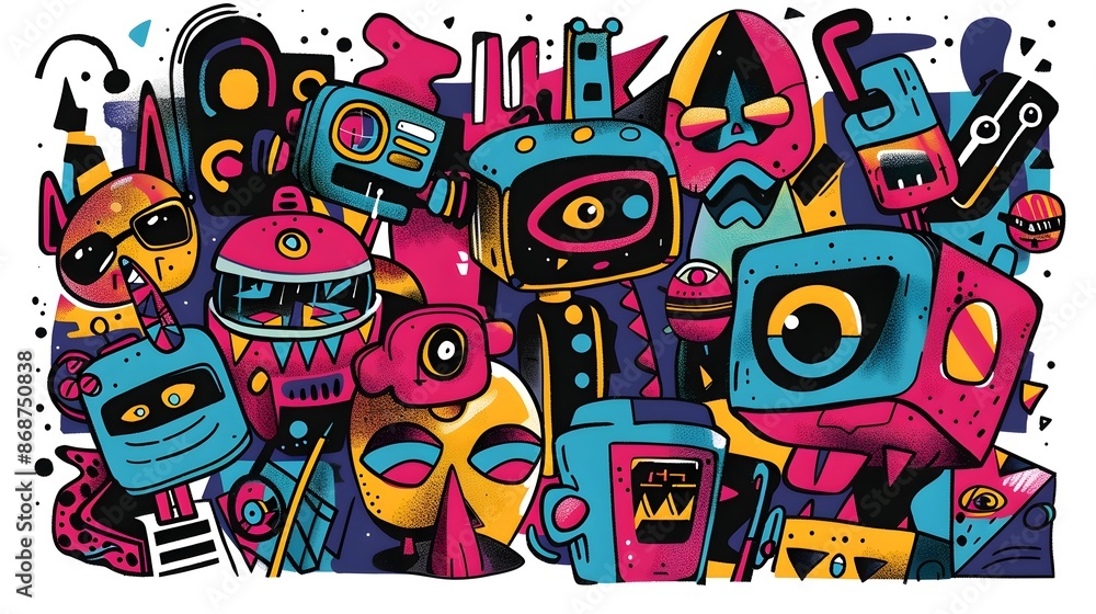 Fototapeta premium Funky Abstract Robots Celebrating in Vibrant Futuristic Party