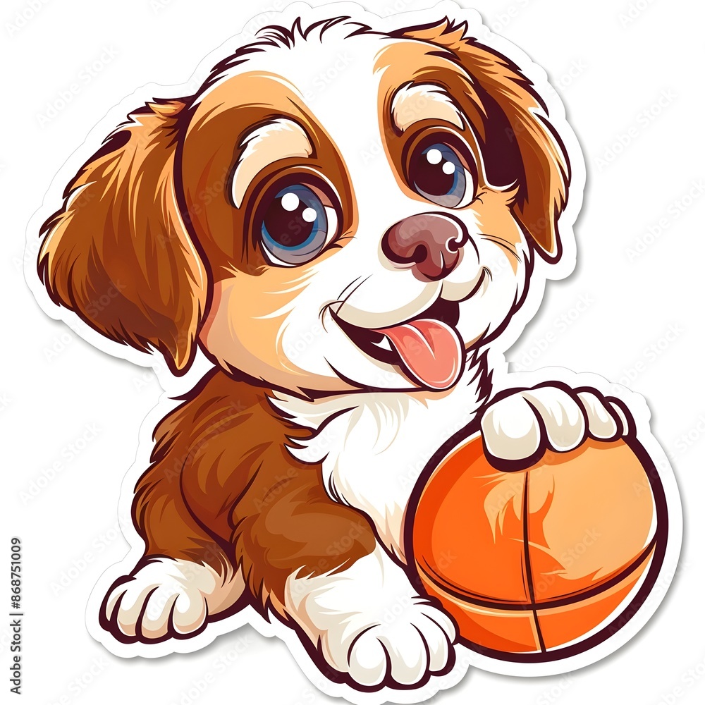 Playful Puppy Holding Ball on Clean White Background for Sticker Design Playful Puppy Holding Ball on Clean White Background for Sticker Design