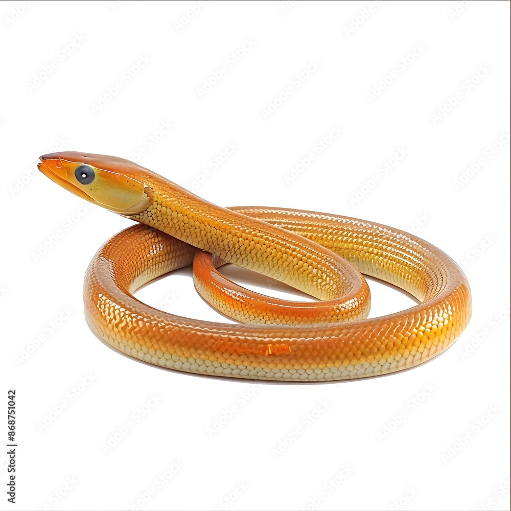 A yellow snake curled up on a white background A yellow snake curled up on a white background