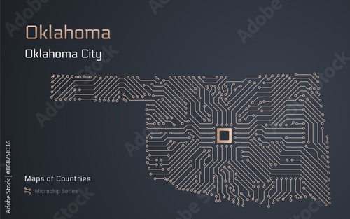 Oklahoma Map with a capital of Oklahoma City Shown in a Microchip Pattern. Silicon valley, E-government. United States vector maps. Microchip Series	