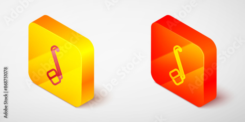 Isometric line Sauna ladle icon isolated on grey background. Yellow and orange square button. Vector