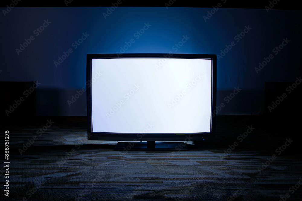 Television with White Screen Mockup in Dark Room, Standing on Floor, Eerie Atmosphere with Slight Fisheye Effect Television with White Screen Mockup in Dark Room, Standing on Floor, Eerie Atmosphere with Slight Fisheye Effect