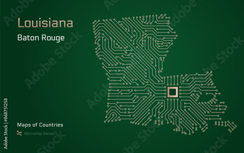 Luisiana Map with a capital of Baton Rouge Shown in a Microchip Pattern. Silicon valley, E-government. United States vector maps. Microchip Series	