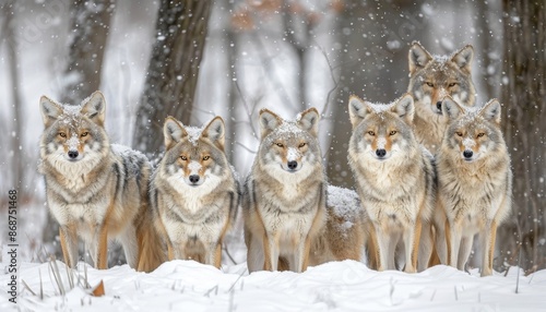 Group of wild canines in their natural habitat, feral coyotes or wolves standing together