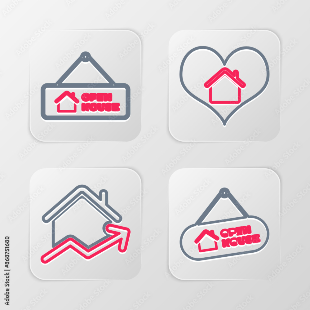 Set line Hanging sign with Open house, Rising cost of housing, House heart shape and icon. Vector Set line Hanging sign with Open house, Rising cost of housing, House heart shape and icon. Vector