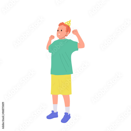 Surprised preteen boy child isolated cartoon character waiting for congratulation on birthday