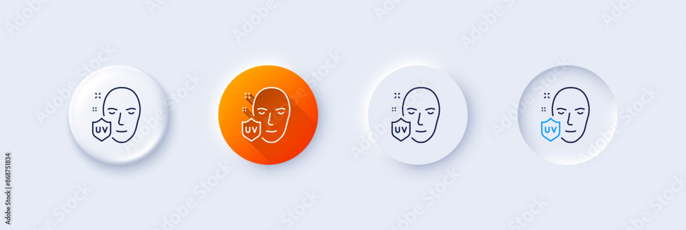 UV protection line icon. Neumorphic, Orange gradient, 3d pin buttons. Skin care sign. Healthy face symbol. Line icons. Neumorphic buttons with outline signs. Vector UV protection line icon. Neumorphic, Orange gradient, 3d pin buttons. Skin care sign. Healthy face symbol. Line icons. Neumorphic buttons with outline signs. Vector