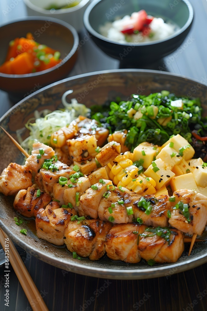 Grilled Fish Skewers with Vegetables and Rice Grilled Fish Skewers with Vegetables and Rice