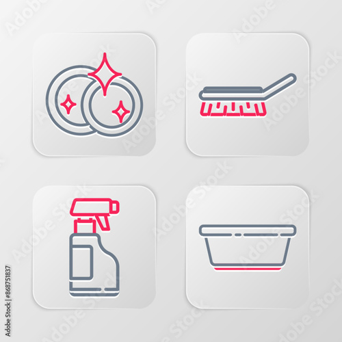 Set line Plastic basin, Spray bottle with detergent liquid, Brush for cleaning and Washing dishes icon. Vector
