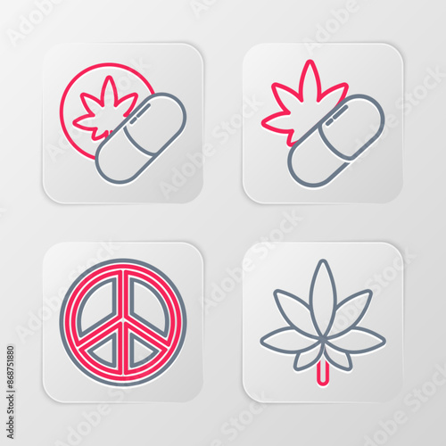 Set line Marijuana or cannabis leaf, Peace, Medical pills with marijuana and Herbal ecstasy tablets icon. Vector