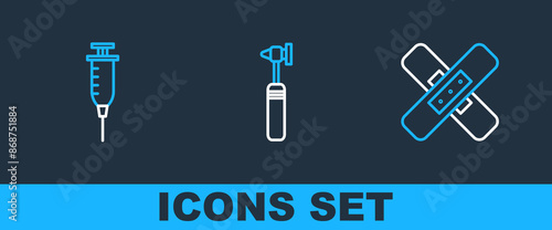 Set line Crossed bandage plaster, Syringe and Medical otoscope tool icon. Vector
