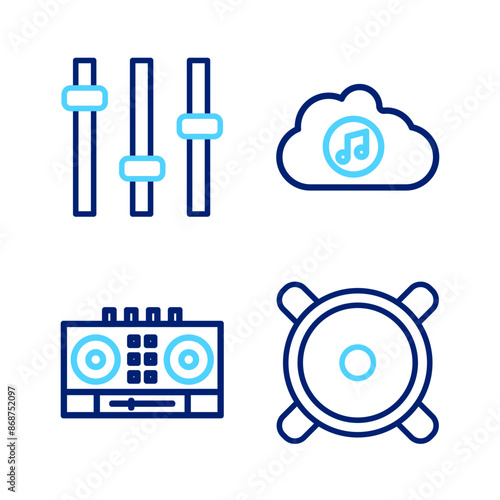 Set line Stereo speaker, DJ remote and mixing music, Music streaming service and equalizer icon. Vector