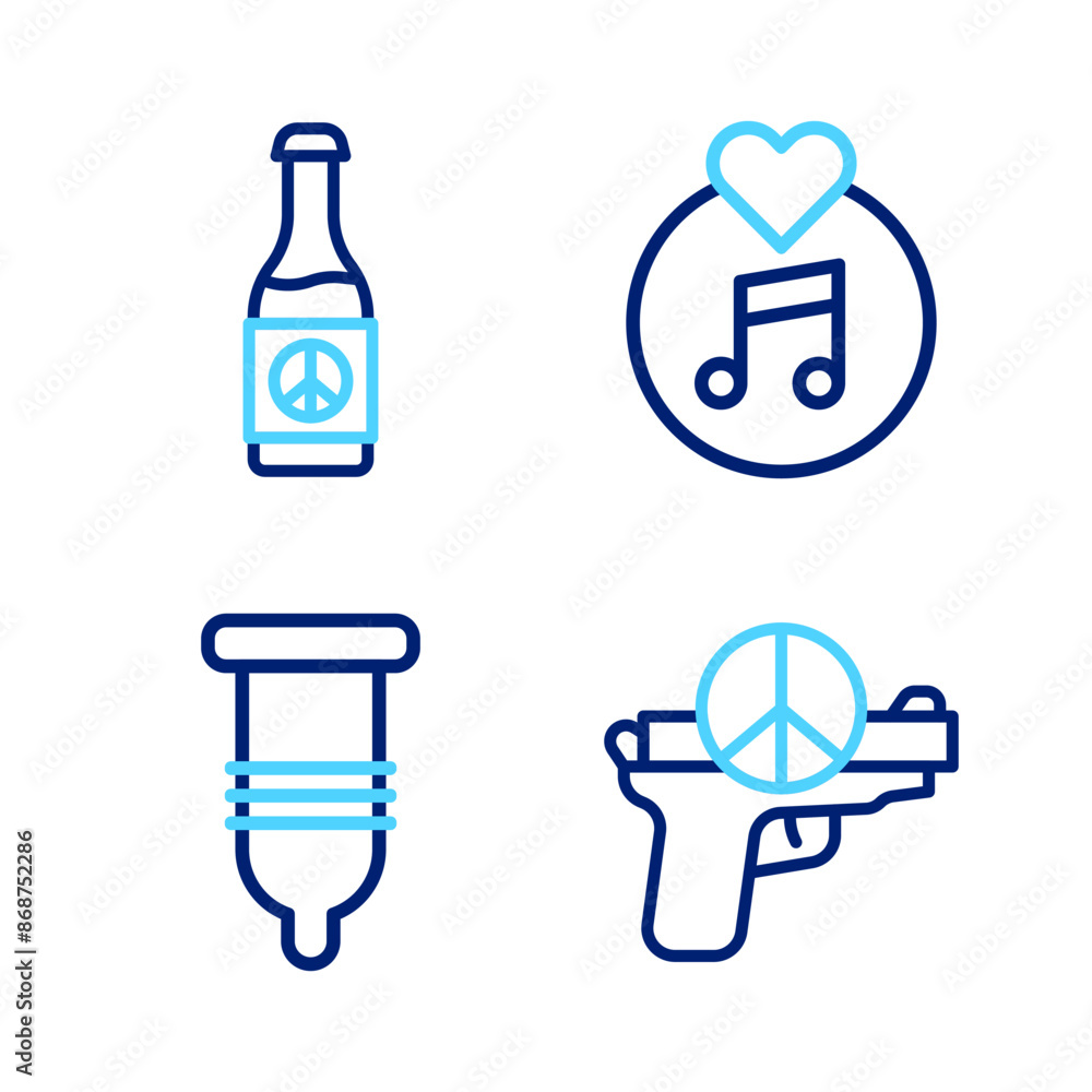 Set line No war, Condom, Vinyl disk and Beer bottle icon. Vector Set line No war, Condom, Vinyl disk and Beer bottle icon. Vector