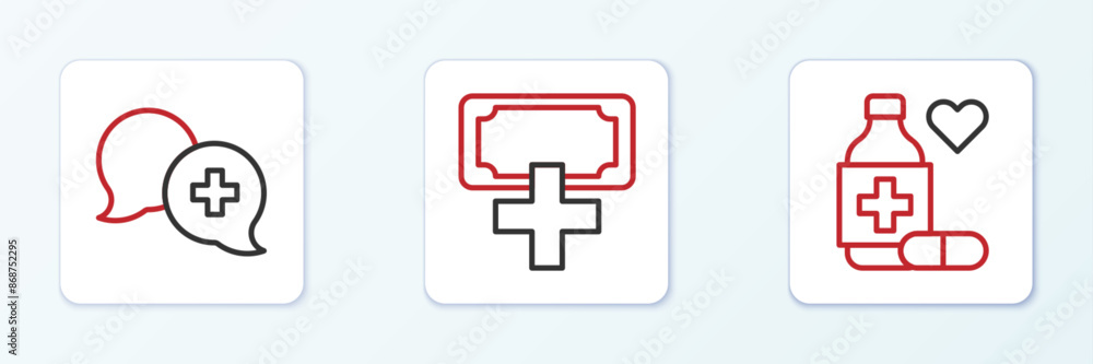 Set line Medicine bottle and pills, Dialogue with doctor and Donation charity icon. Vector Set line Medicine bottle and pills, Dialogue with doctor and Donation charity icon. Vector