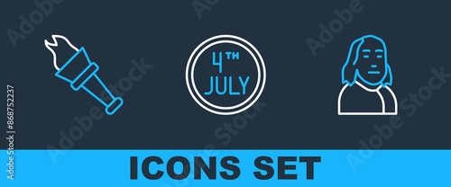 Set line Benjamin Franklin, Torch flame and Calendar with date July 4 icon. Vector