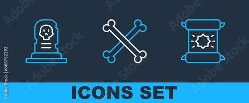Set line Decree, parchment, scroll, Grave with tombstone and Crossed human bones icon. Vector