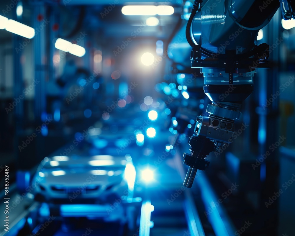 Obraz premium Advanced robotic arms in automotive manufacturing showcase precision in futuristic factory setting