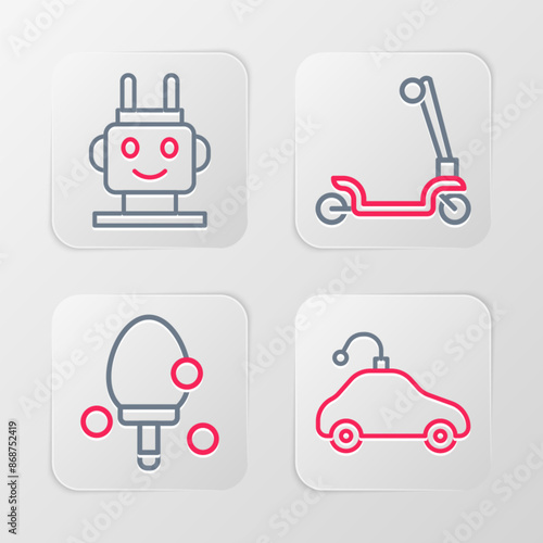 Set line Radio controlled car toy, Racket, Roller scooter and Robot icon. Vector