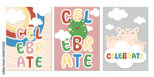 Vector set of creeting cards with celebrate for happy children day or happy birthday
