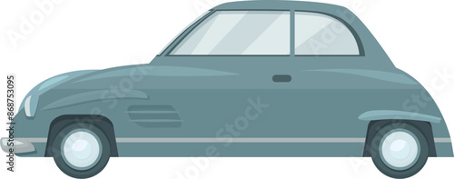 Classic blue car is driving to the right