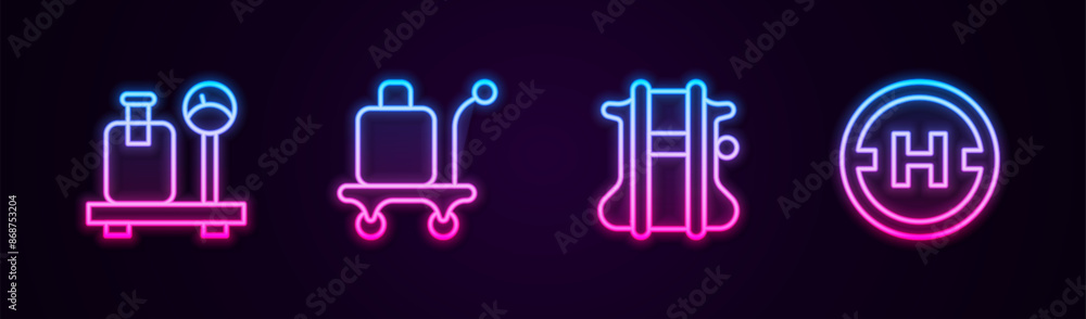 Set line Scale with suitcase, Trolley baggage, Parachute and Helicopter landing pad. Glowing neon icon. Vector Set line Scale with suitcase, Trolley baggage, Parachute and Helicopter landing pad. Glowing neon icon. Vector