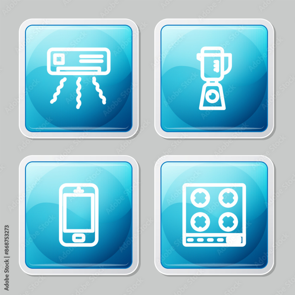 Set line Air conditioner, Blender, Mobile phone and Gas stove icon. Vector Set line Air conditioner, Blender, Mobile phone and Gas stove icon. Vector