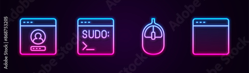 Set line Create account screen, Code terminal, Computer mouse and Browser window. Glowing neon icon. Vector