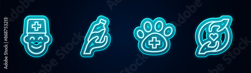 Set line Male doctor, Donation water, Veterinary clinic and Pleasant relationship. Glowing neon icon. Vector