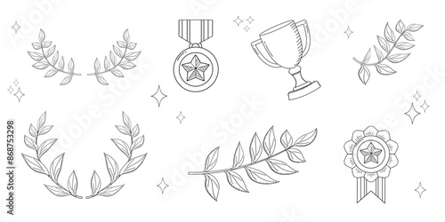 Winner elements in doodle style. Cup and laurel wreath for award ceremony.