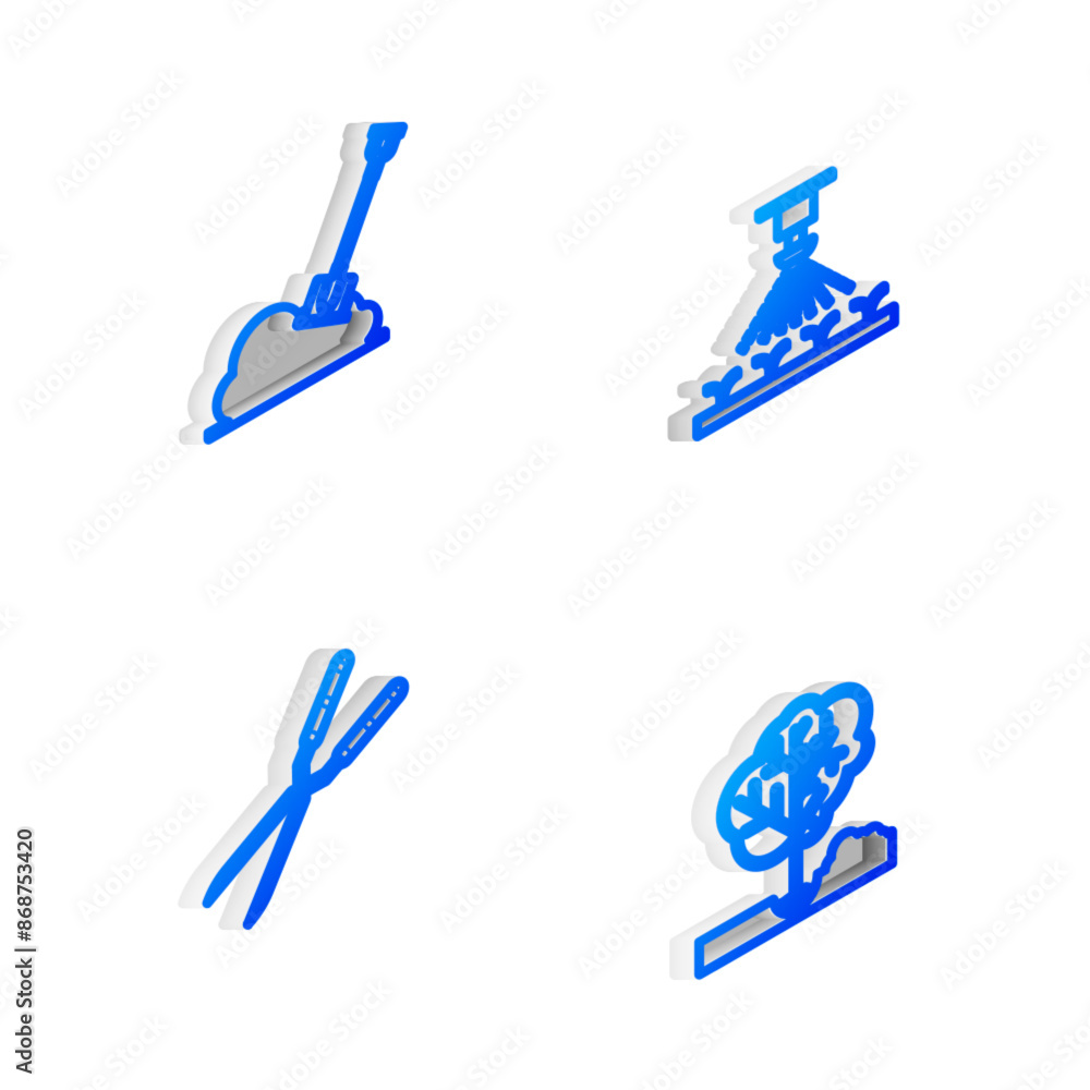 Set Isometric line Automatic irrigation sprinklers, Shovel the ground, Gardening handmade scissor and Planting tree icon. Vector Set Isometric line Automatic irrigation sprinklers, Shovel the ground, Gardening handmade scissor and Planting tree icon. Vector