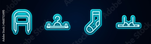 Set line Winter hat with ear flaps, Hanger wardrobe, Socks and Bra. Glowing neon icon. Vector