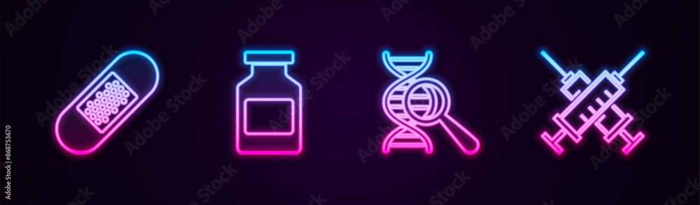 Set line Bandage plaster, Medicine bottle, DNA research, search and Crossed syringe. Glowing neon icon. Vector Set line Bandage plaster, Medicine bottle, DNA research, search and Crossed syringe. Glowing neon icon. Vector