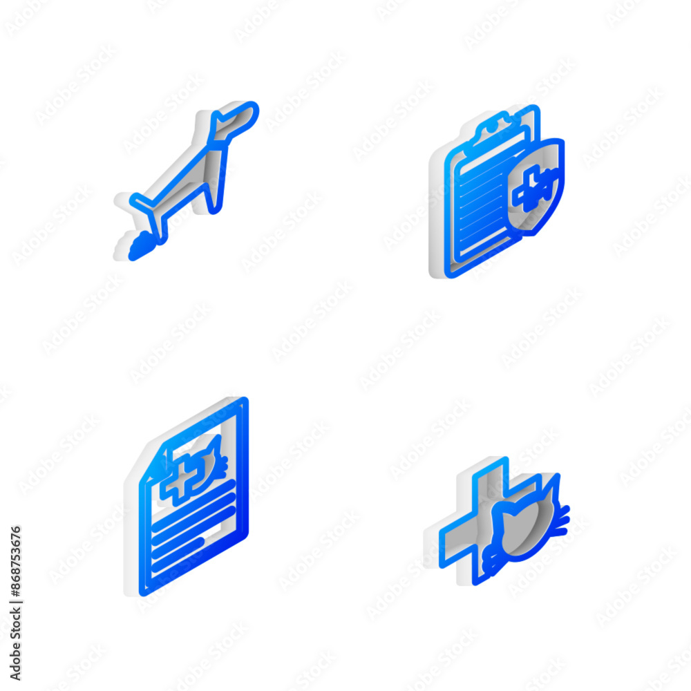 Set Isometric line Clinical record pet, Dog pooping, Medical certificate for dog cat and Veterinary clinic icon. Vector Set Isometric line Clinical record pet, Dog pooping, Medical certificate for dog cat and Veterinary clinic icon. Vector
