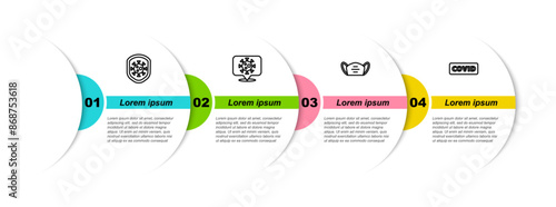Set line Shield protecting from virus, Corona on location, Medical protective mask and covid-19. Business infographic template. Vector