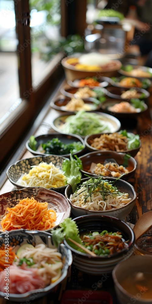 A variety of Japanese dishes are served in small bowls on a long wooden table. A variety of Japanese dishes are served in small bowls on a long wooden table.