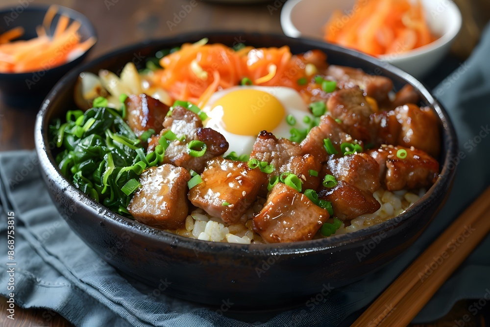 Korean Style Rice Bowl With Beef, Egg, And Vegetables Korean Style Rice Bowl With Beef, Egg, And Vegetables