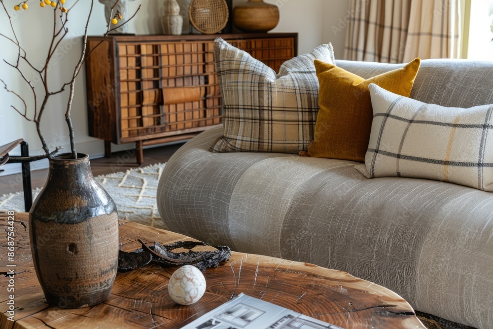 Cozy Living Room with a Wooden Coffee Table and Plush Sofa Cozy Living Room with a Wooden Coffee Table and Plush Sofa