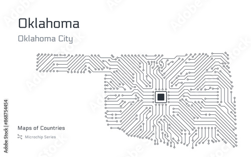 Oklahoma Map with a capital of Oklahoma City Shown in a Microchip Pattern. Silicon valley, E-government. United States vector maps. Microchip Series	