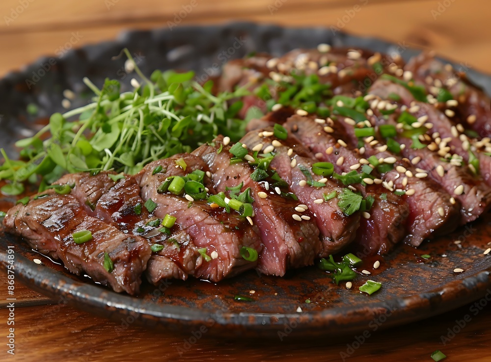 sliced steak with sesame seeds and scallions sliced steak with sesame seeds and scallions