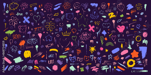 Set of cute, kawaii doodles. Hand drawn anime characters, brush strokes, flowers, cat, bear, jelly fish, splatters, blots, arrows. Bright colorful kit for design, social media, cards, patterns.