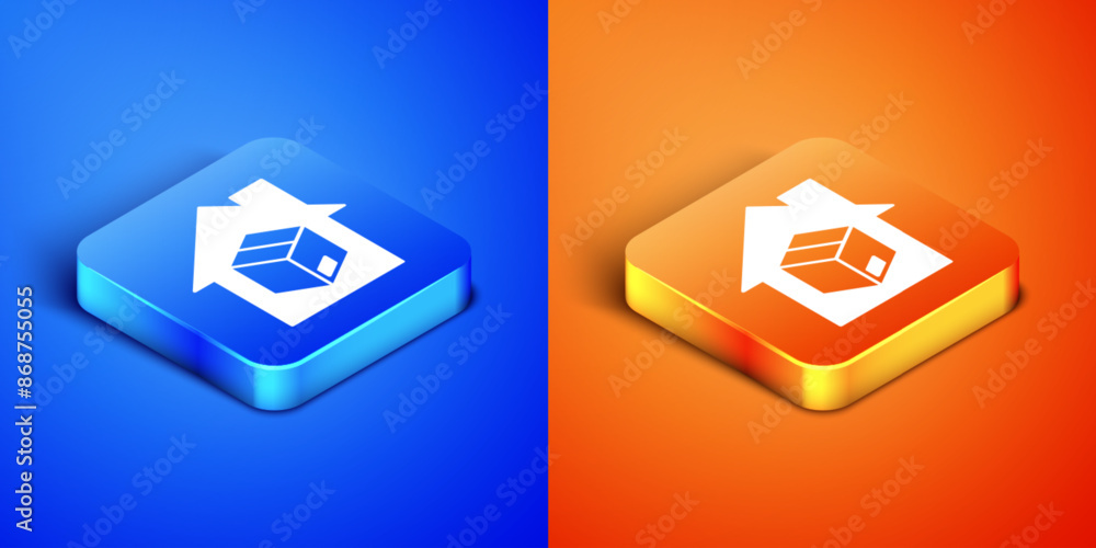 Isometric Home delivery services icon isolated on blue and orange background. Square button. Vector Isometric Home delivery services icon isolated on blue and orange background. Square button. Vector