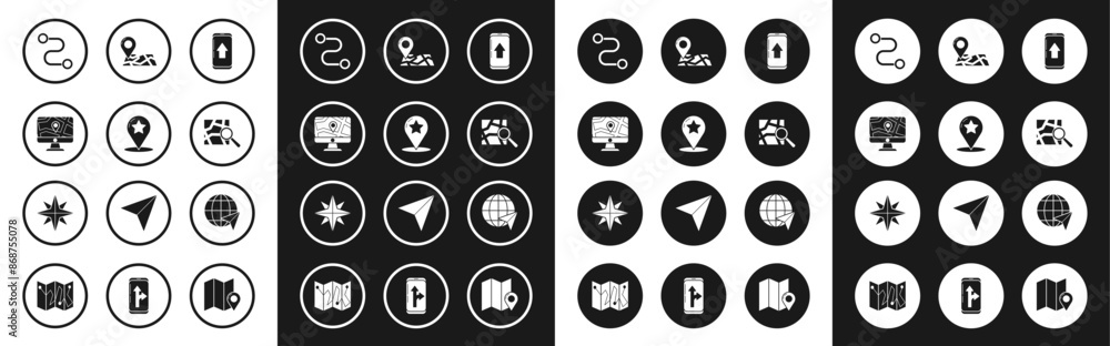 Set Infographic of city map navigation, Map pointer with star, Monitor and folded location, Route, Folded marker, Location the globe and Wind rose icon. Vector Set Infographic of city map navigation, Map pointer with star, Monitor and folded location, Route, Folded marker, Location the globe and Wind rose icon. Vector