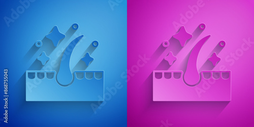 Paper cut Organic essential oil for hair care treatment icon isolated on blue and purple background. Hair growth oil. Paper art style. Vector