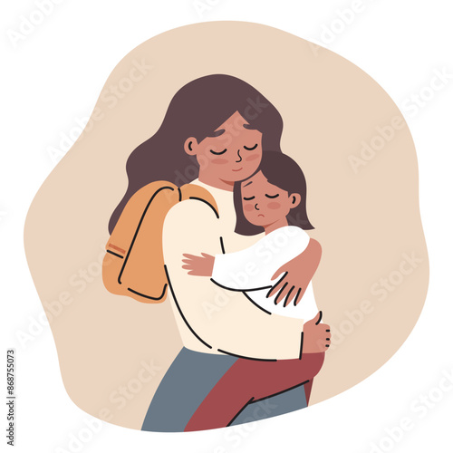 Upset little girl hugs her mother. First day of kindergarten. Mom and daughter say goodbye before school. Illustration of a mother calming her child. Family relationships