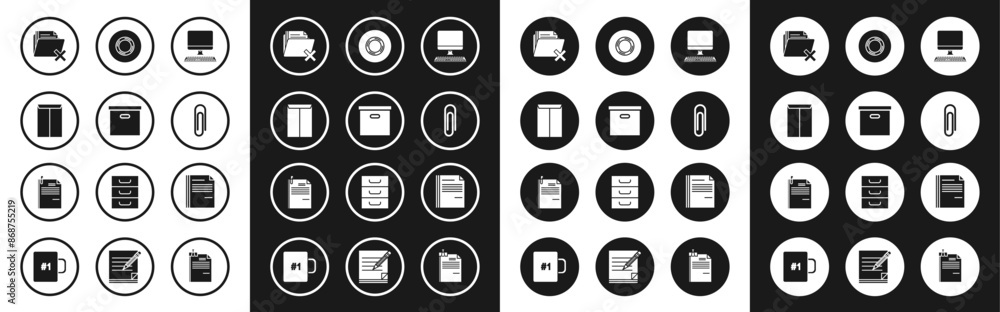 Set Computer monitor with keyboard, Carton cardboard box, Envelope, Delete folder, Paper clip, Scotch, File document and and paper icon. Vector Set Computer monitor with keyboard, Carton cardboard box, Envelope, Delete folder, Paper clip, Scotch, File document and and paper icon. Vector